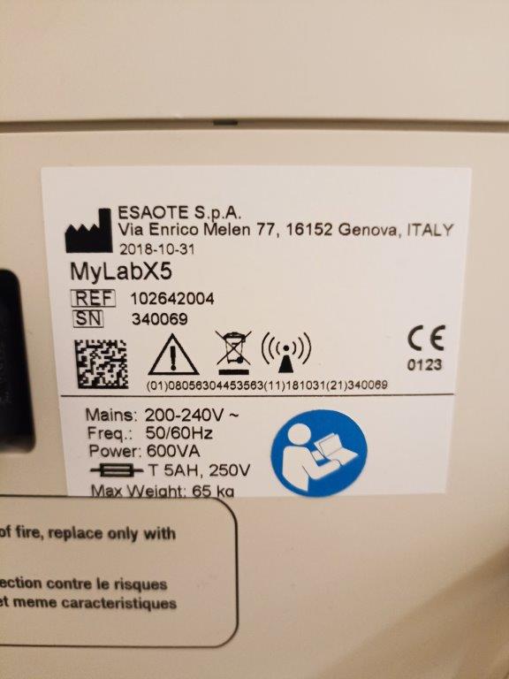 Használt Esaote MyLab X5 ultrahang készülék adattábla Használt Esaote MyLab X5 ultrahang készülék adattábla